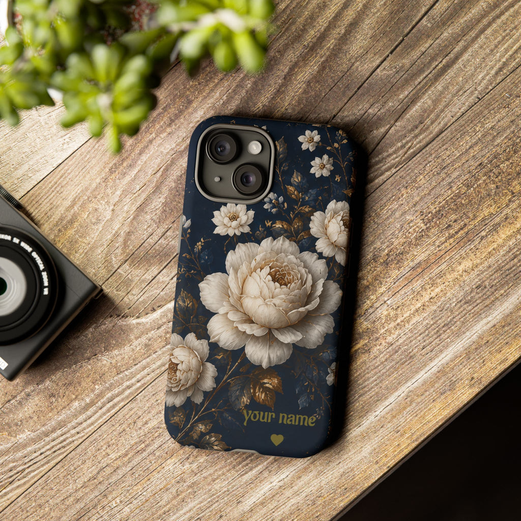 Floral Vintage Phone Case — Personalized "your name" Romantic Dark Peony