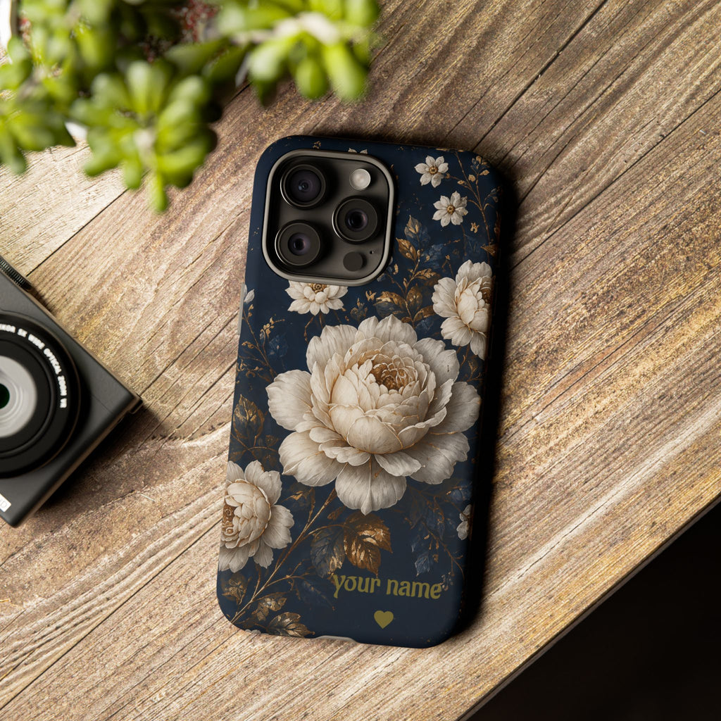 Floral Vintage Phone Case — Personalized "your name" Romantic Dark Peony
