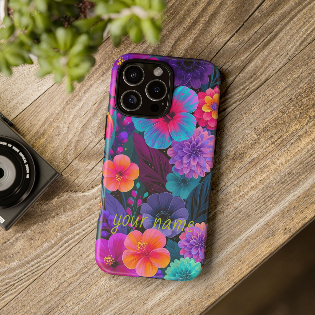 Personalized Floral Tough Phone Case – Vibrant Tropical Flowers, Custom Name