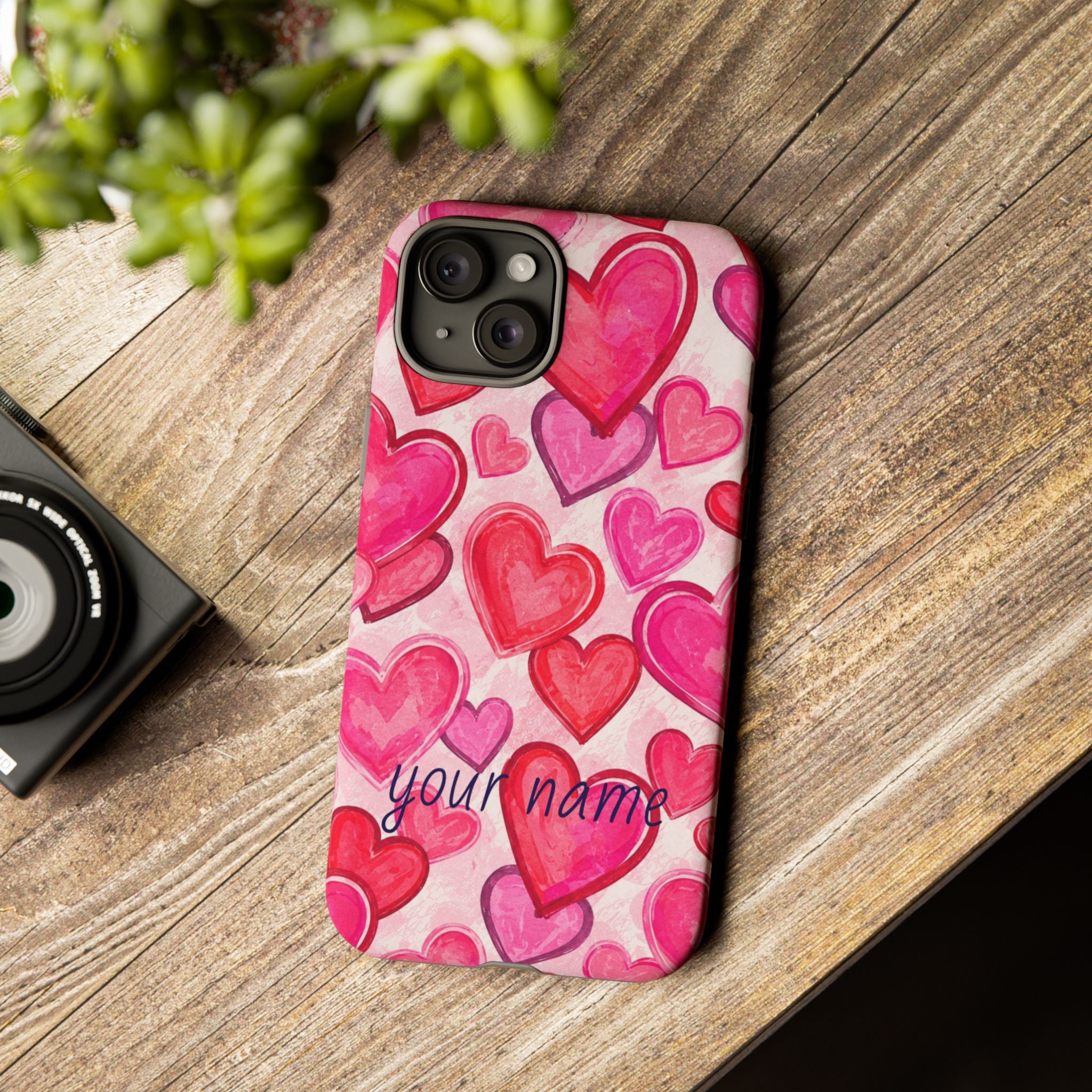 Personalized Heart Pattern Phone Case — Custom Name Pink Watercolor Hearts