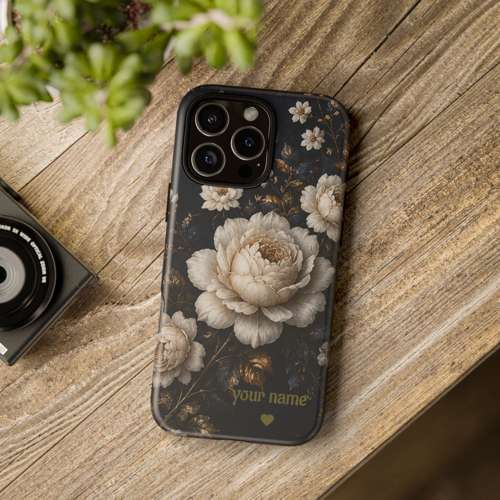 Floral Vintage Phone Case — Personalized "your name" Romantic Dark Peony