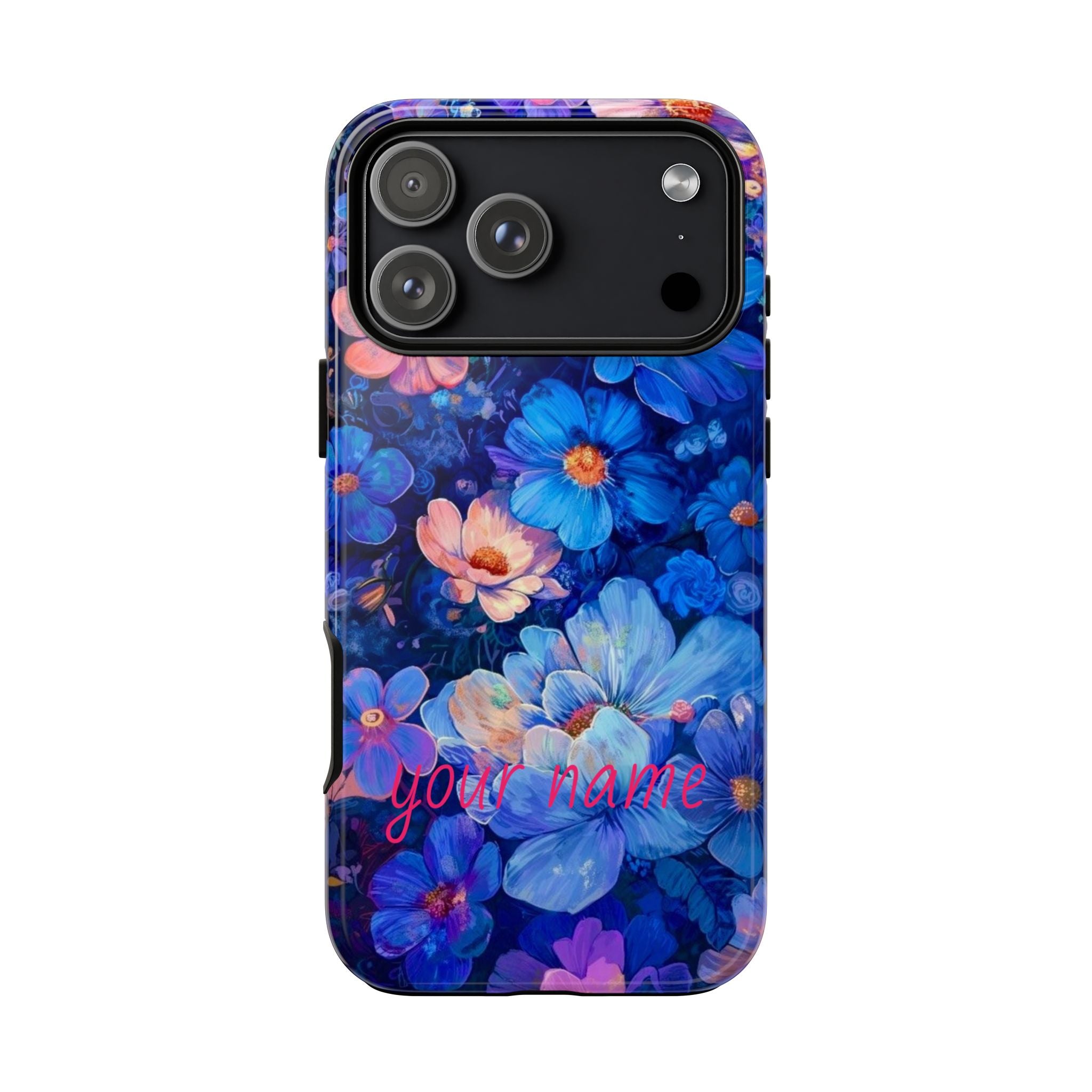 Personalized Blue Floral Phone Case — Custom Name Protective iPhone Cover