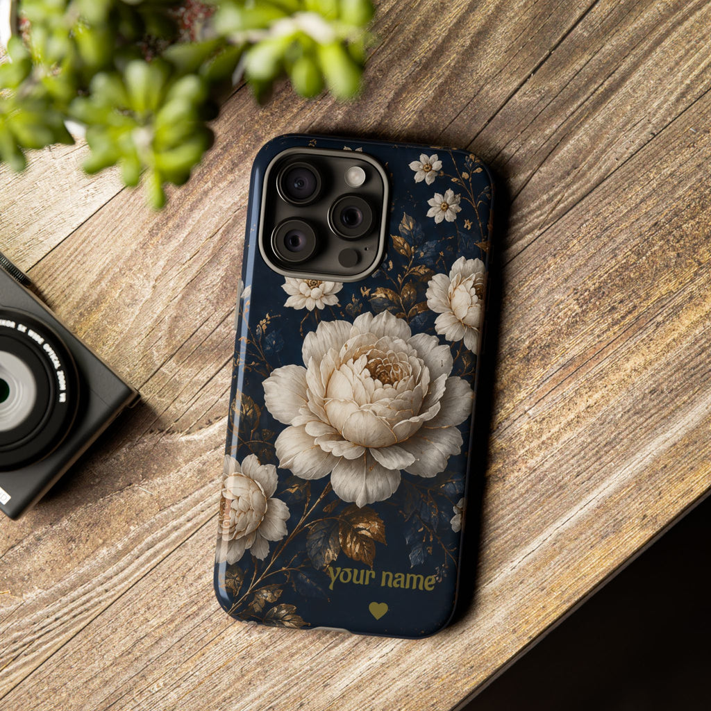 Floral Vintage Phone Case — Personalized "your name" Romantic Dark Peony