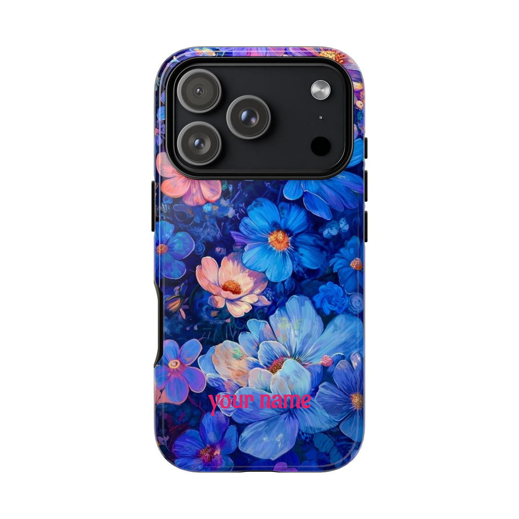Personalized Blue Floral Phone Case — Custom Name Protective iPhone Cover