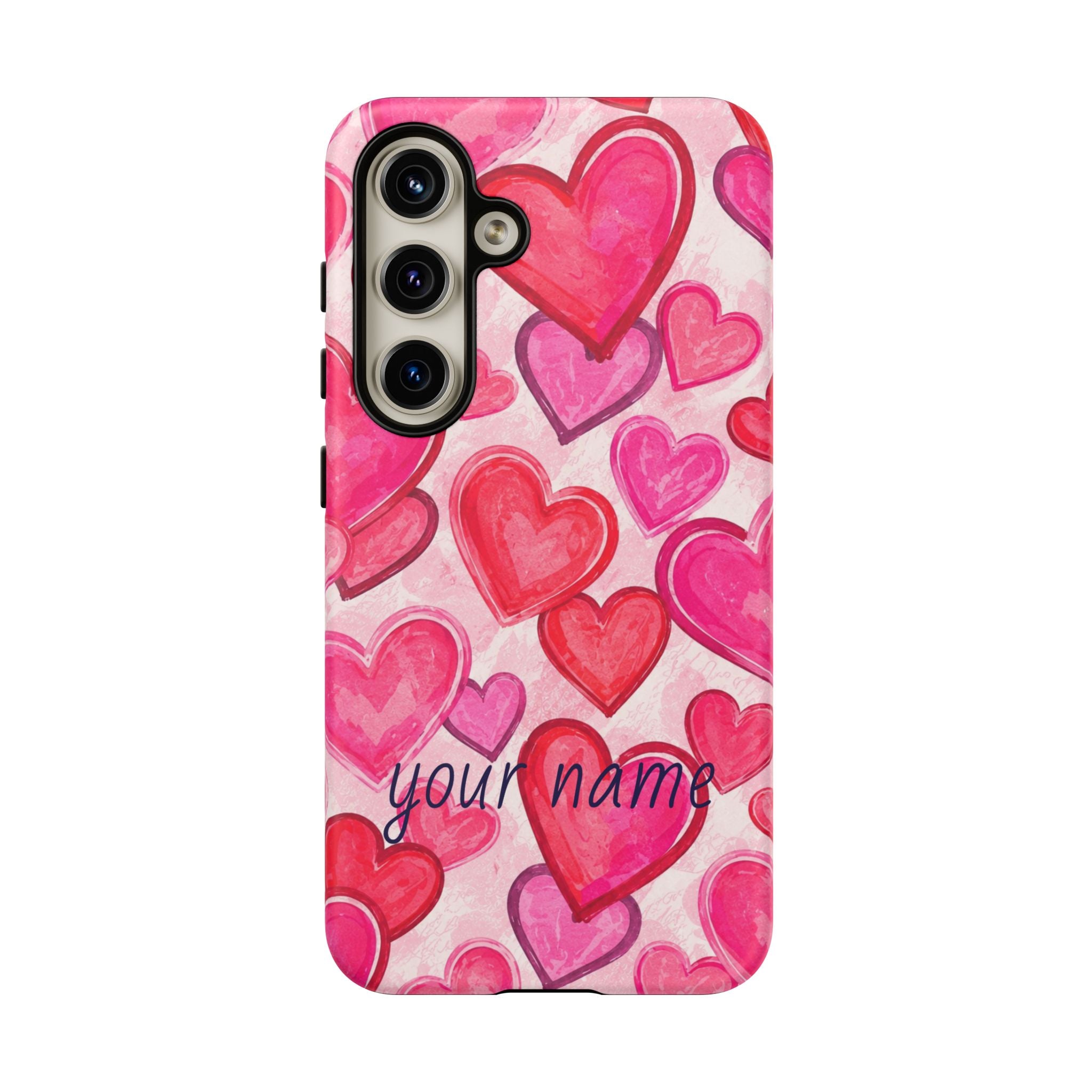 Personalized Heart Pattern Phone Case — Custom Name Pink Watercolor Hearts