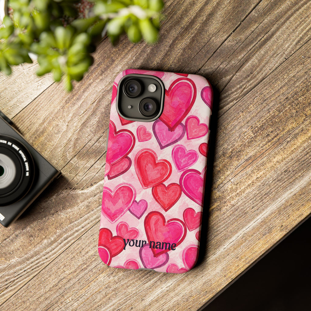 Personalized Heart Pattern Phone Case — Custom Name Pink Watercolor Hearts