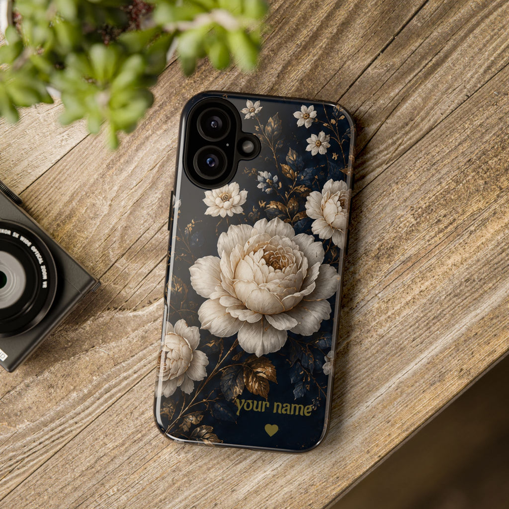 Floral Vintage Phone Case — Personalized "your name" Romantic Dark Peony