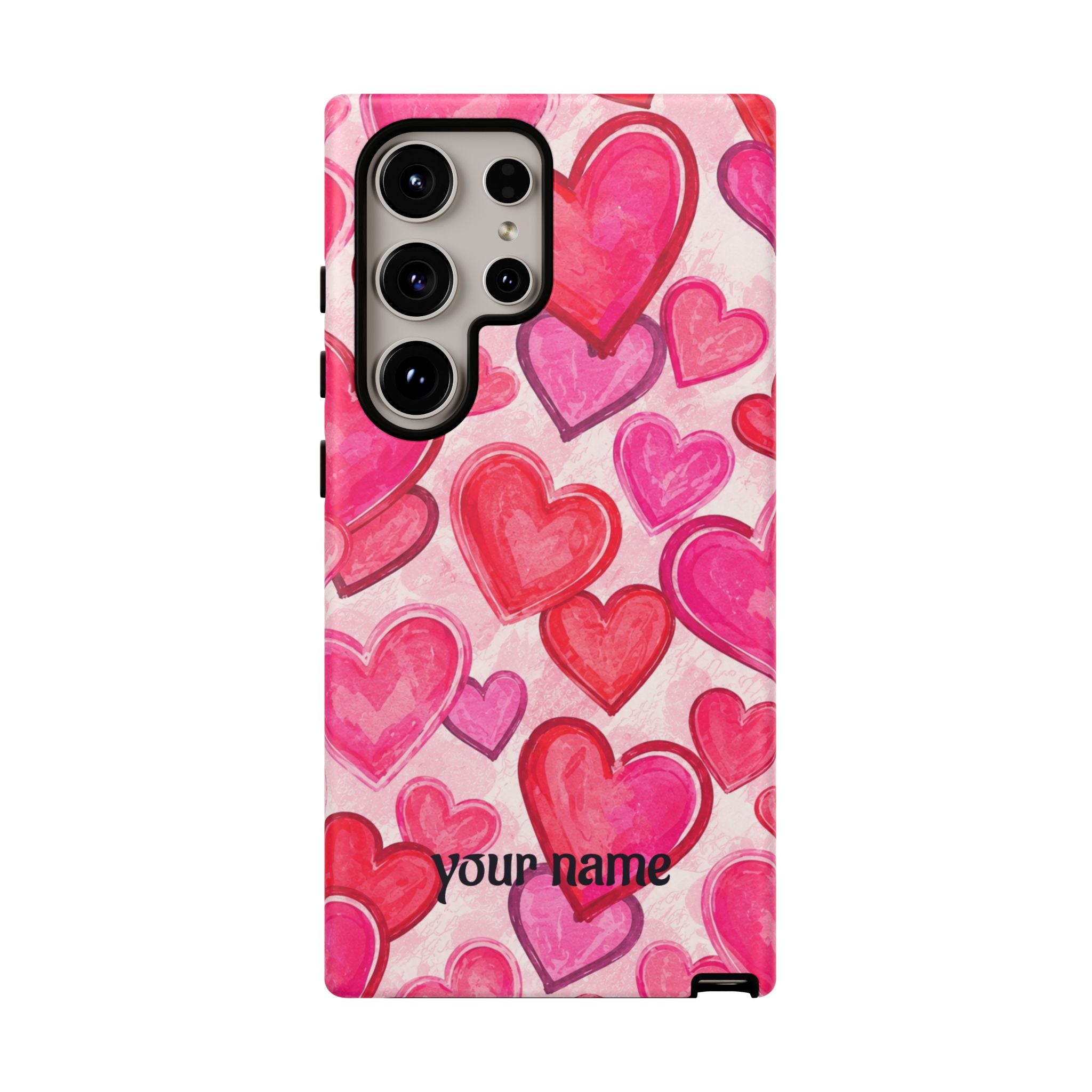 Personalized Heart Pattern Phone Case — Custom Name Pink Watercolor Hearts