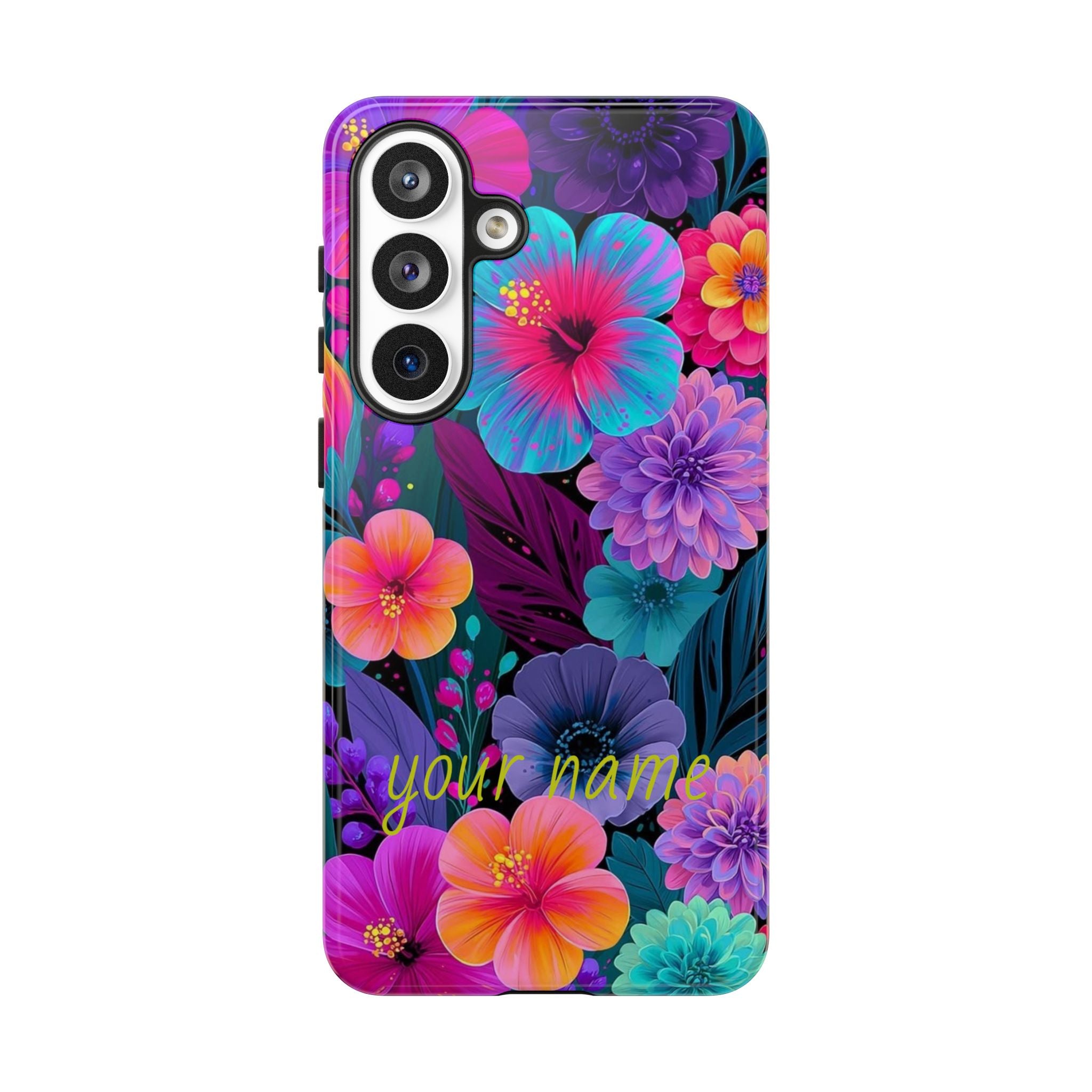 Personalized Floral Tough Phone Case – Vibrant Tropical Flowers, Custom Name