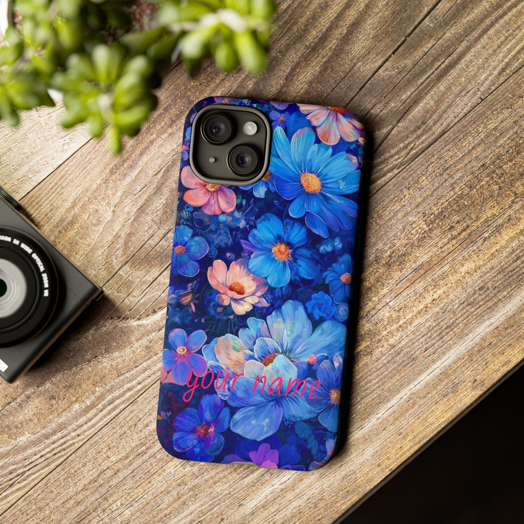 Personalized Blue Floral Phone Case — Custom Name Protective iPhone Cover