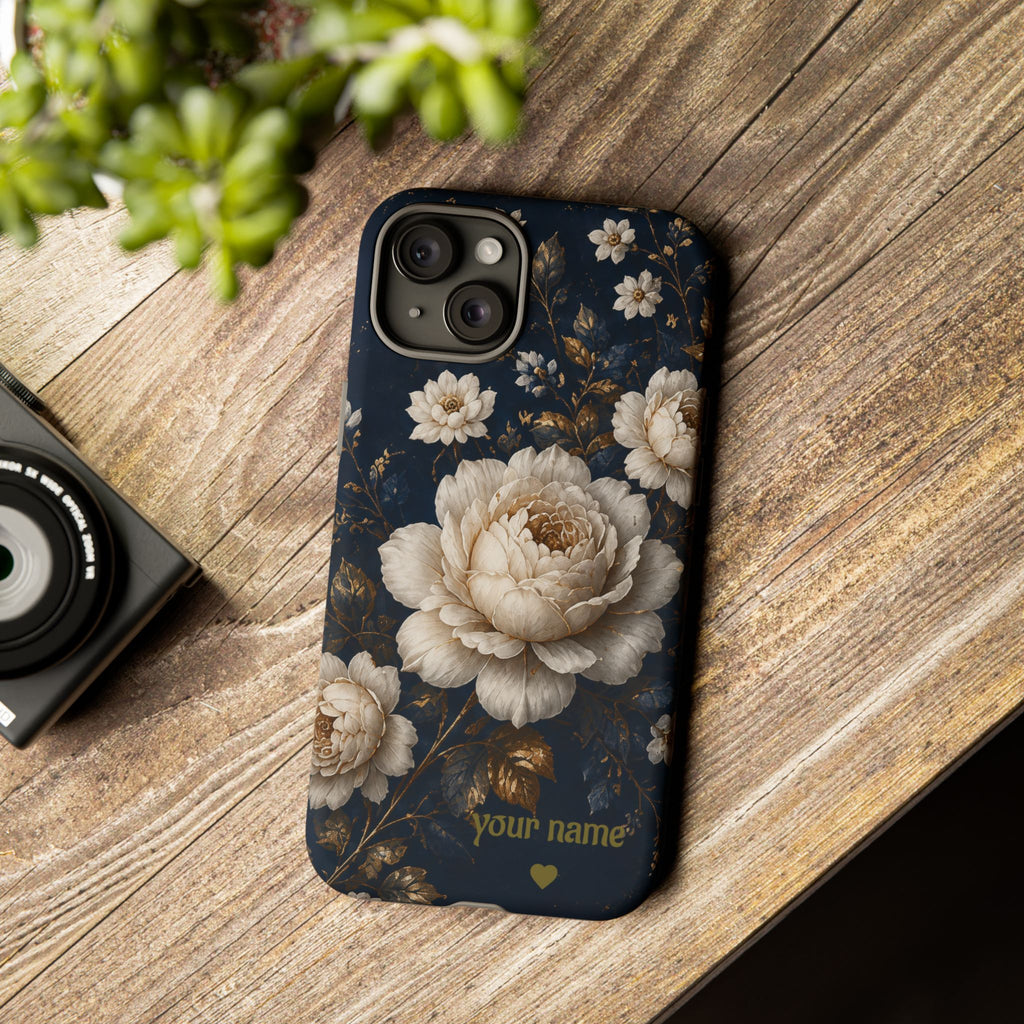 Floral Vintage Phone Case — Personalized "your name" Romantic Dark Peony