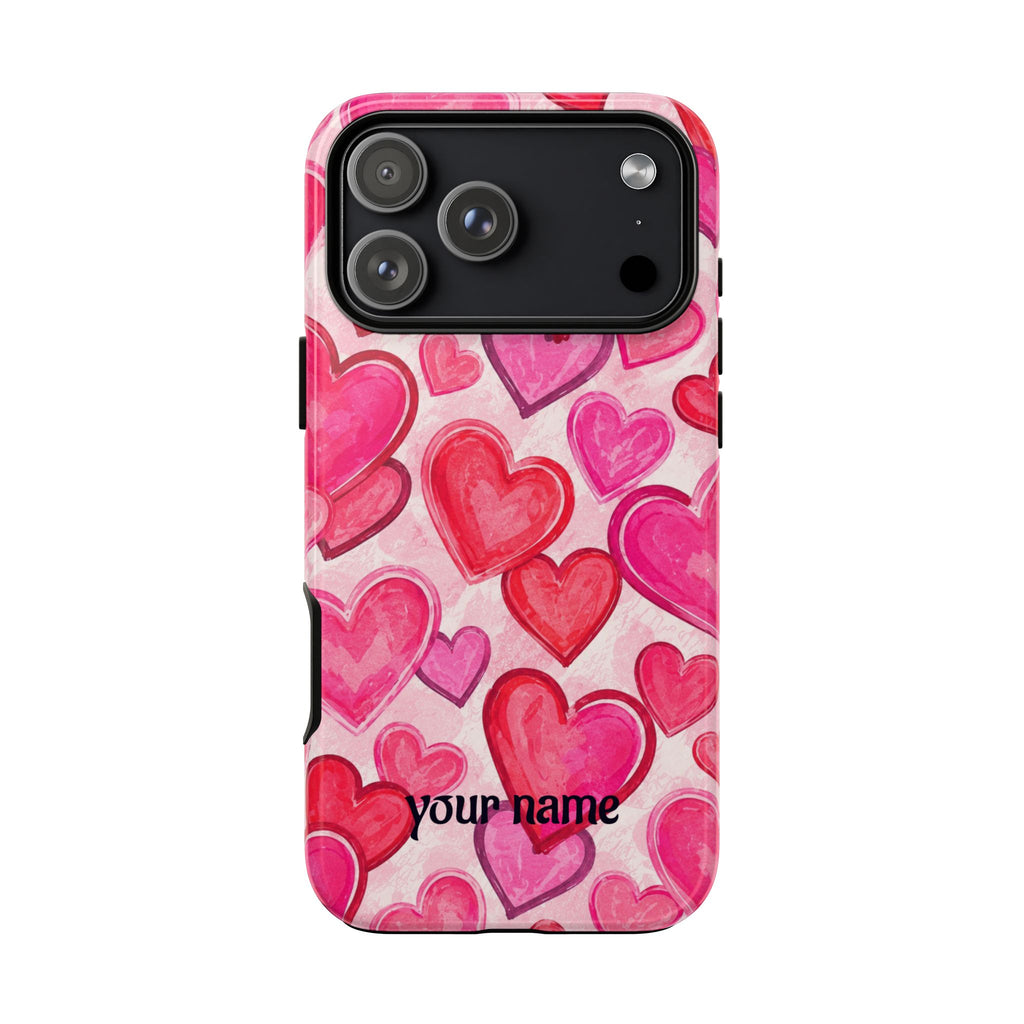 Personalized Heart Pattern Phone Case — Custom Name Pink Watercolor Hearts