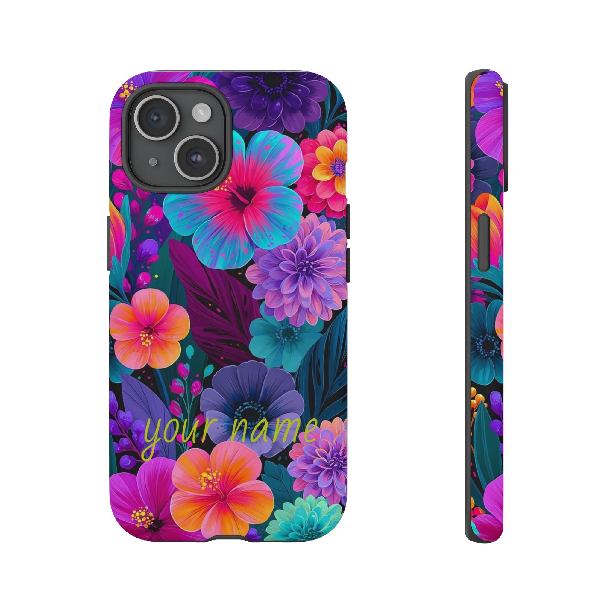 Personalized Floral Tough Phone Case – Vibrant Tropical Flowers, Custom Name