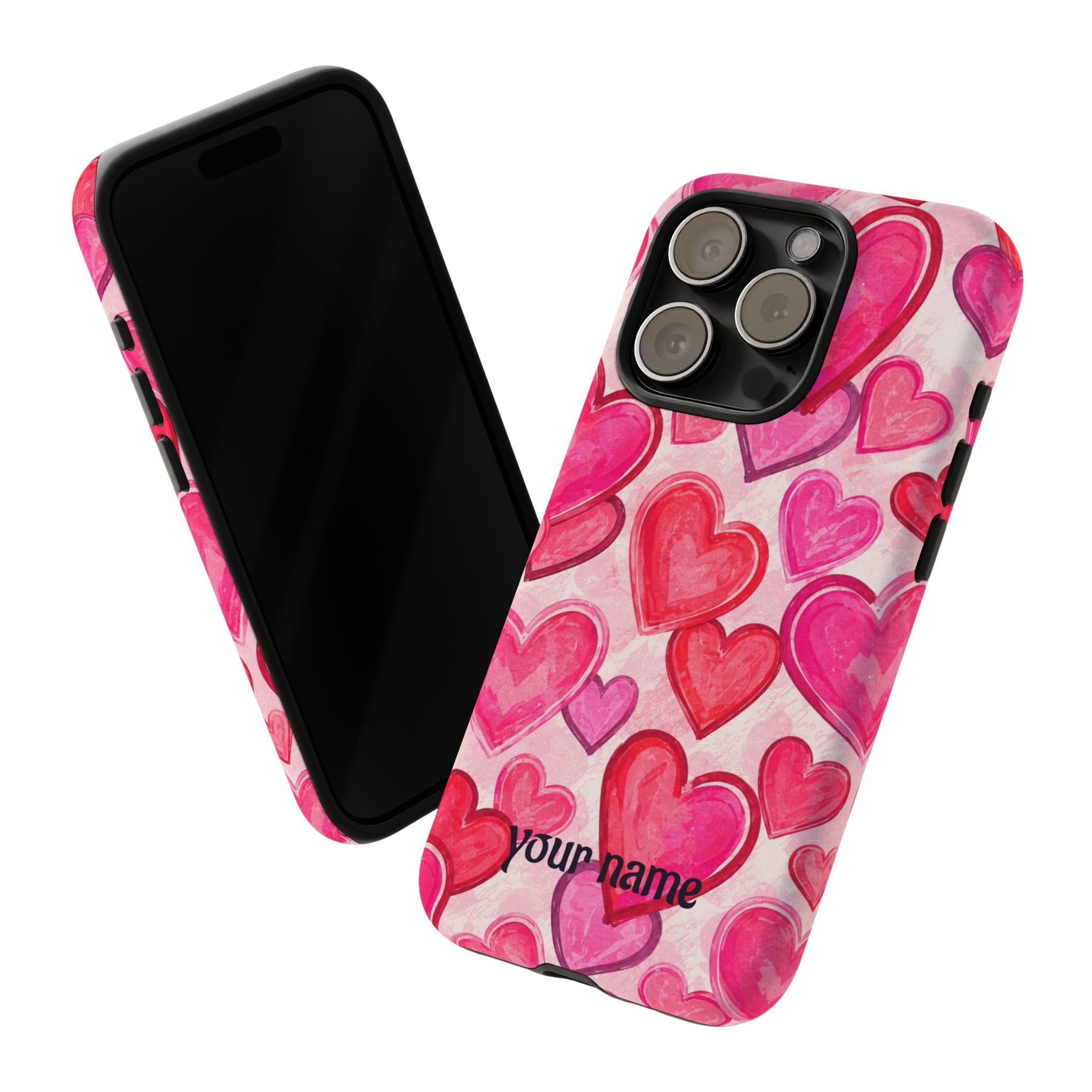Personalized Heart Pattern Phone Case — Custom Name Pink Watercolor Hearts