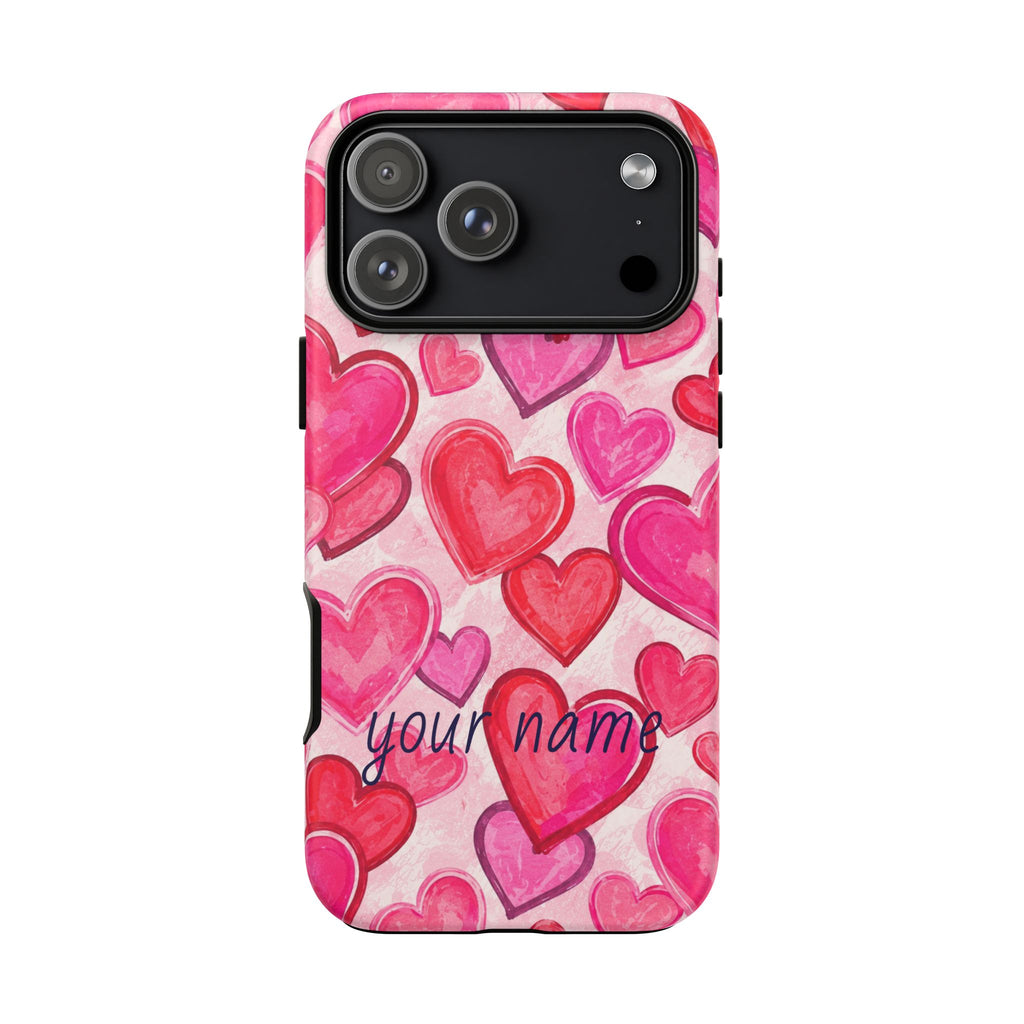 Personalized Heart Pattern Phone Case — Custom Name Pink Watercolor Hearts