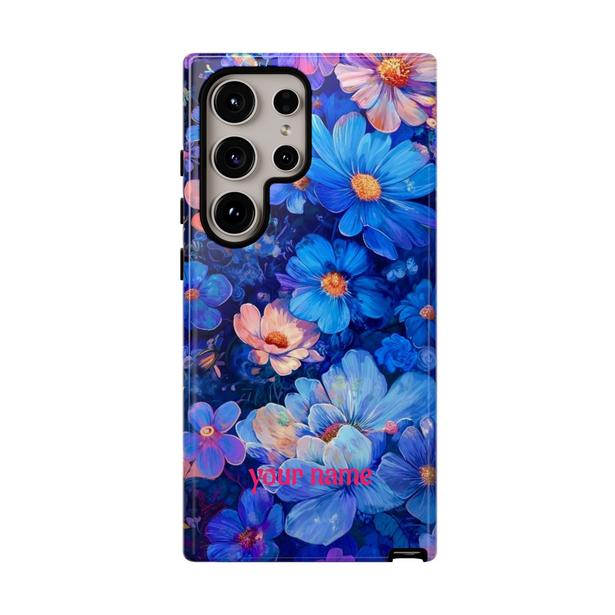 Personalized Blue Floral Phone Case — Custom Name Protective iPhone Cover