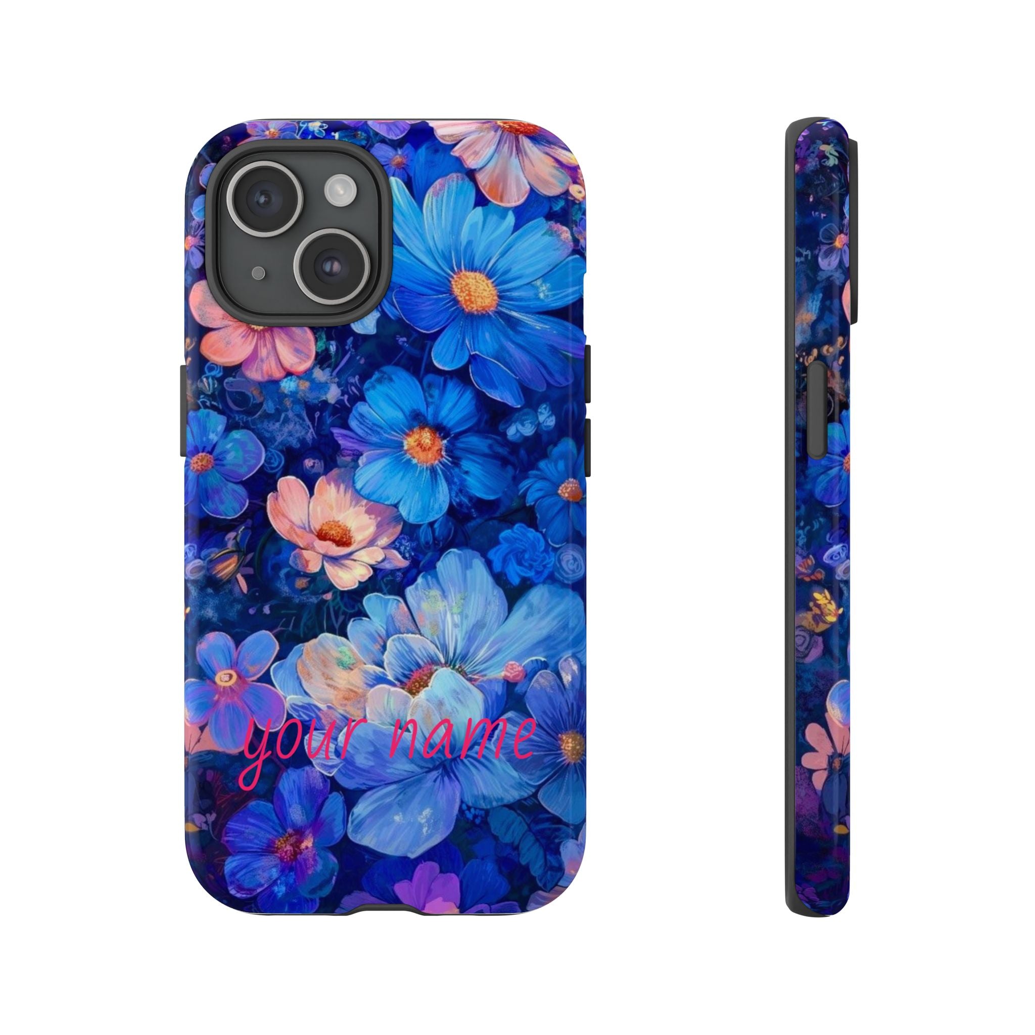 Personalized Blue Floral Phone Case — Custom Name Protective iPhone Cover