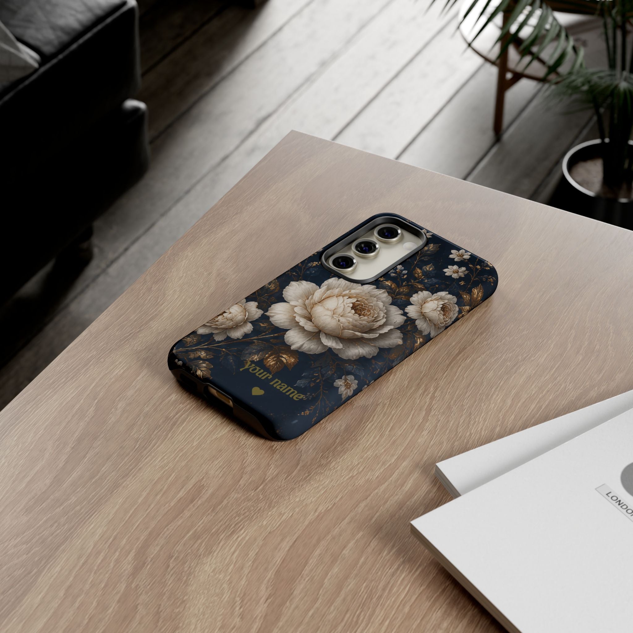 Floral Vintage Phone Case — Personalized "your name" Romantic Dark Peony