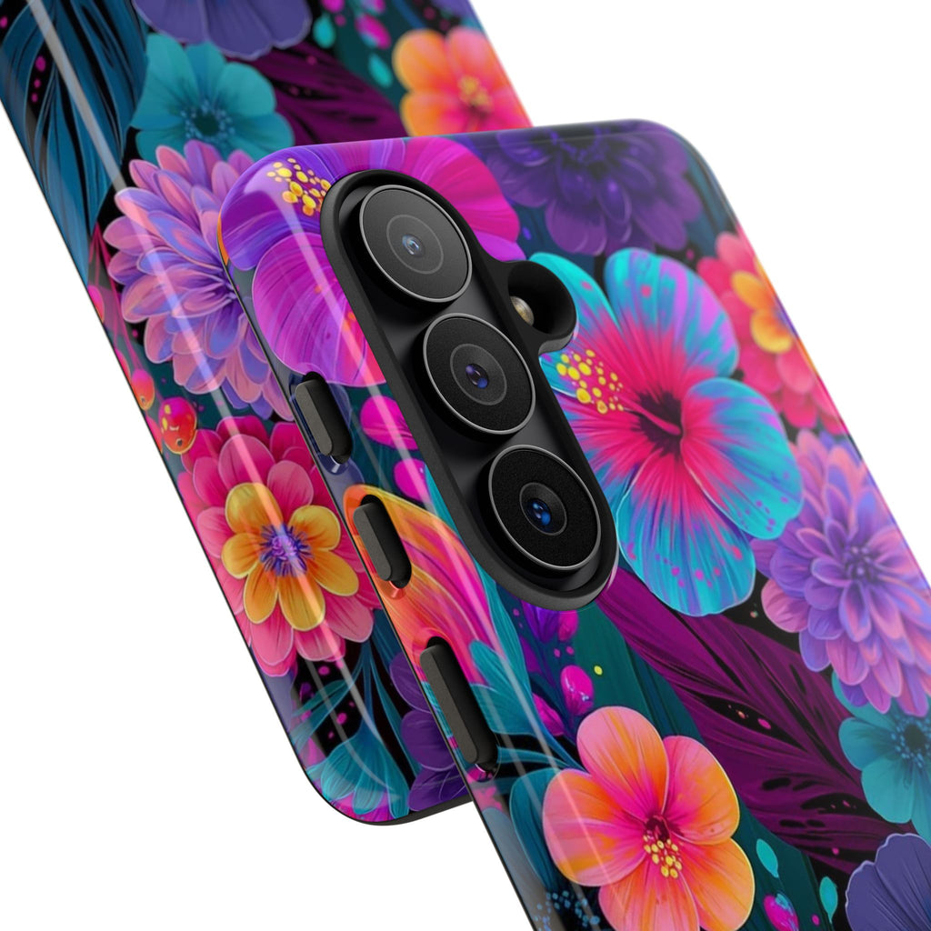 Personalized Floral Tough Phone Case – Vibrant Tropical Flowers, Custom Name