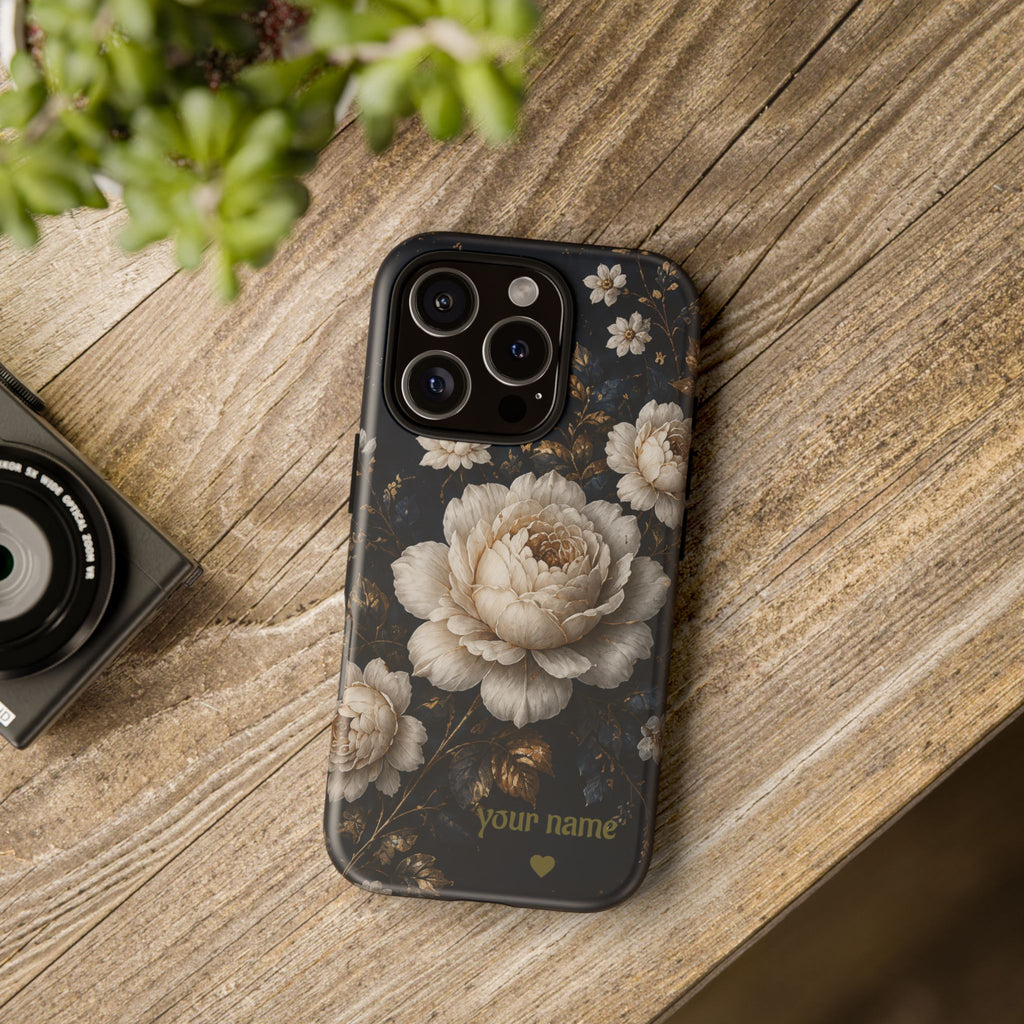 Floral Vintage Phone Case — Personalized "your name" Romantic Dark Peony