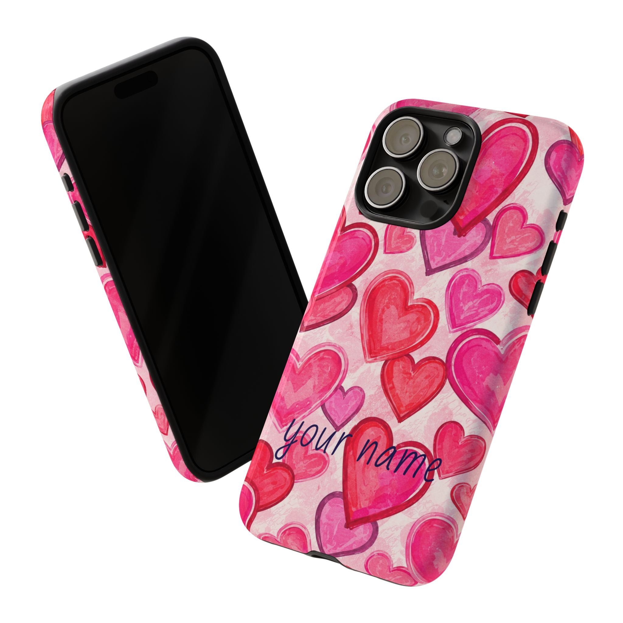 Personalized Heart Pattern Phone Case — Custom Name Pink Watercolor Hearts