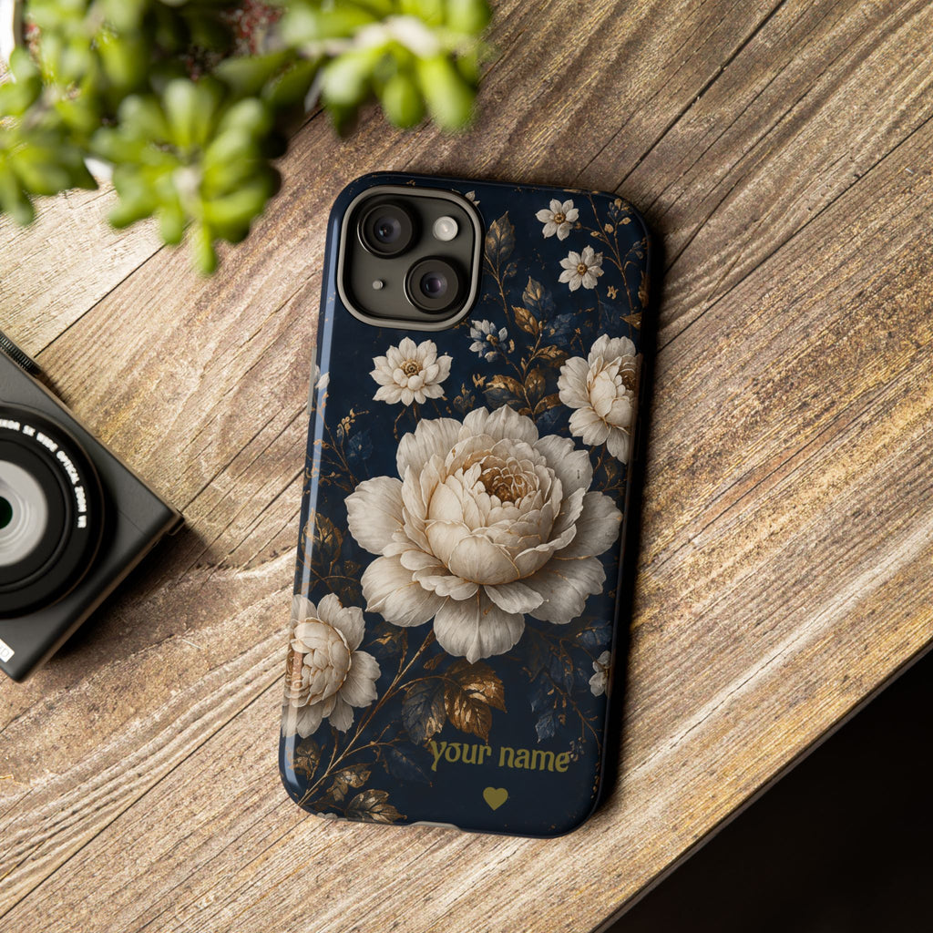 Floral Vintage Phone Case — Personalized "your name" Romantic Dark Peony