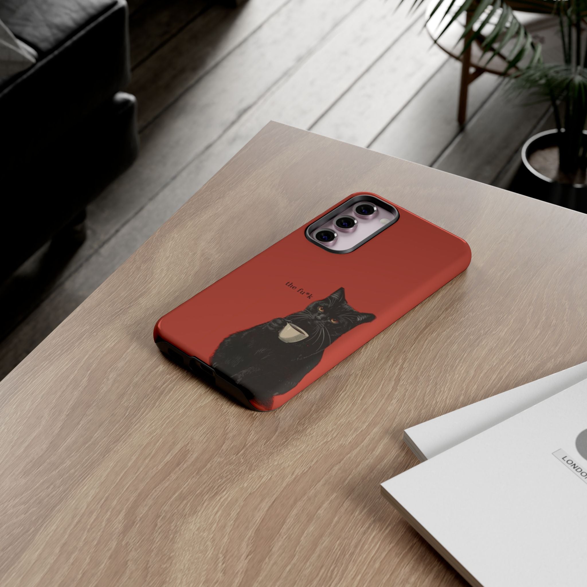 Black Cat Coffee Phone Case – Red Matte Protective Tough Case