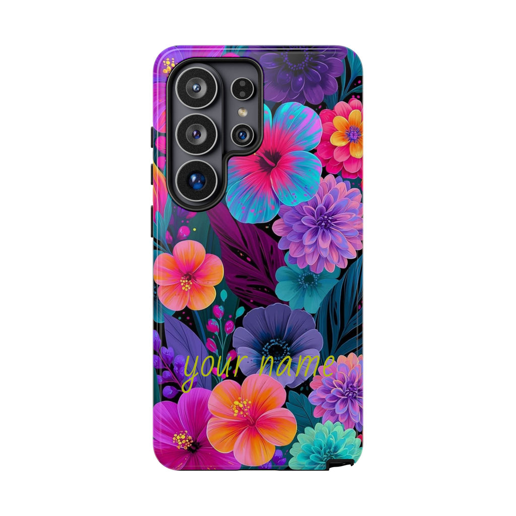 Personalized Floral Tough Phone Case – Vibrant Tropical Flowers, Custom Name