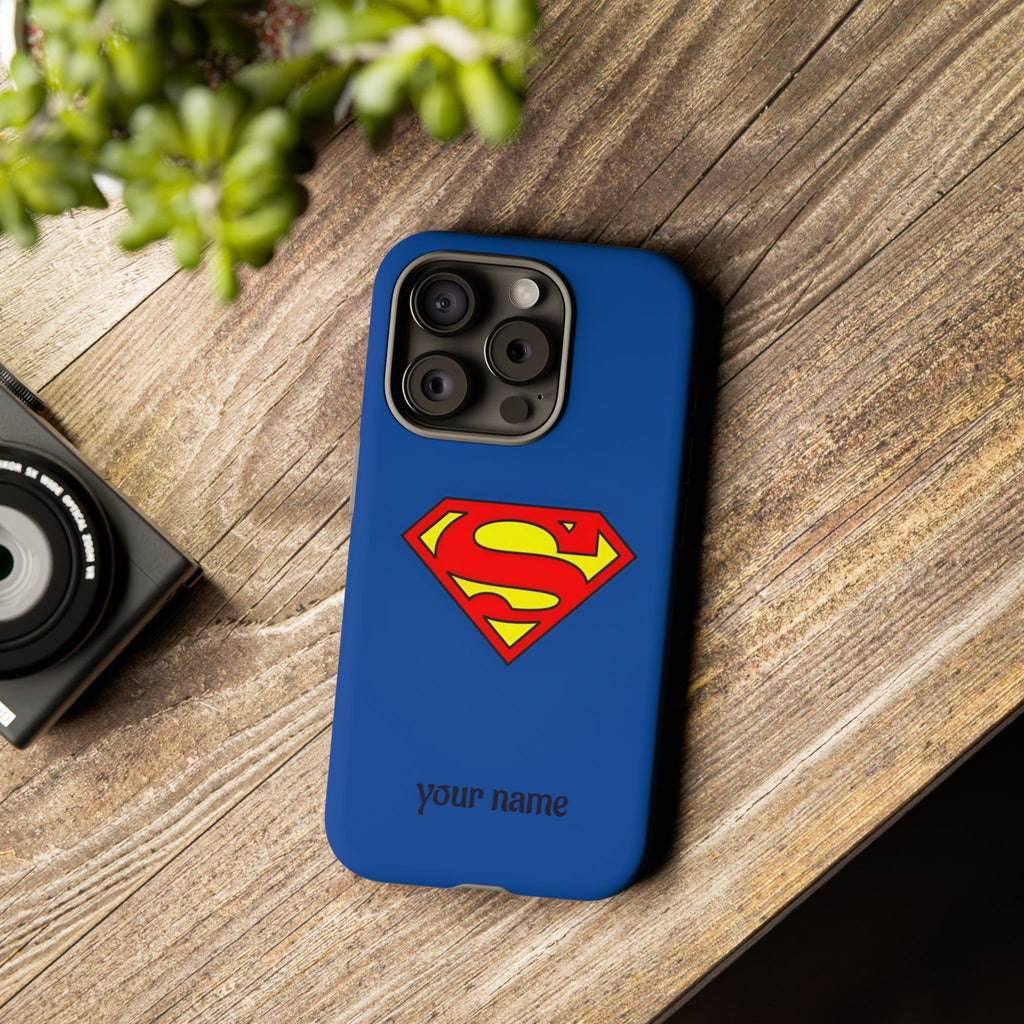 Personalized Superhero Phone Case — Custom Name Blue Protective Cover