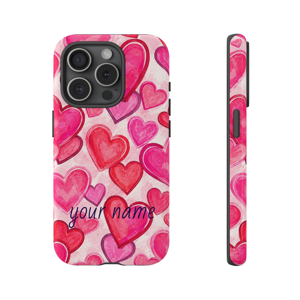 Personalized Heart Pattern Phone Case — Custom Name Pink Watercolor Hearts
