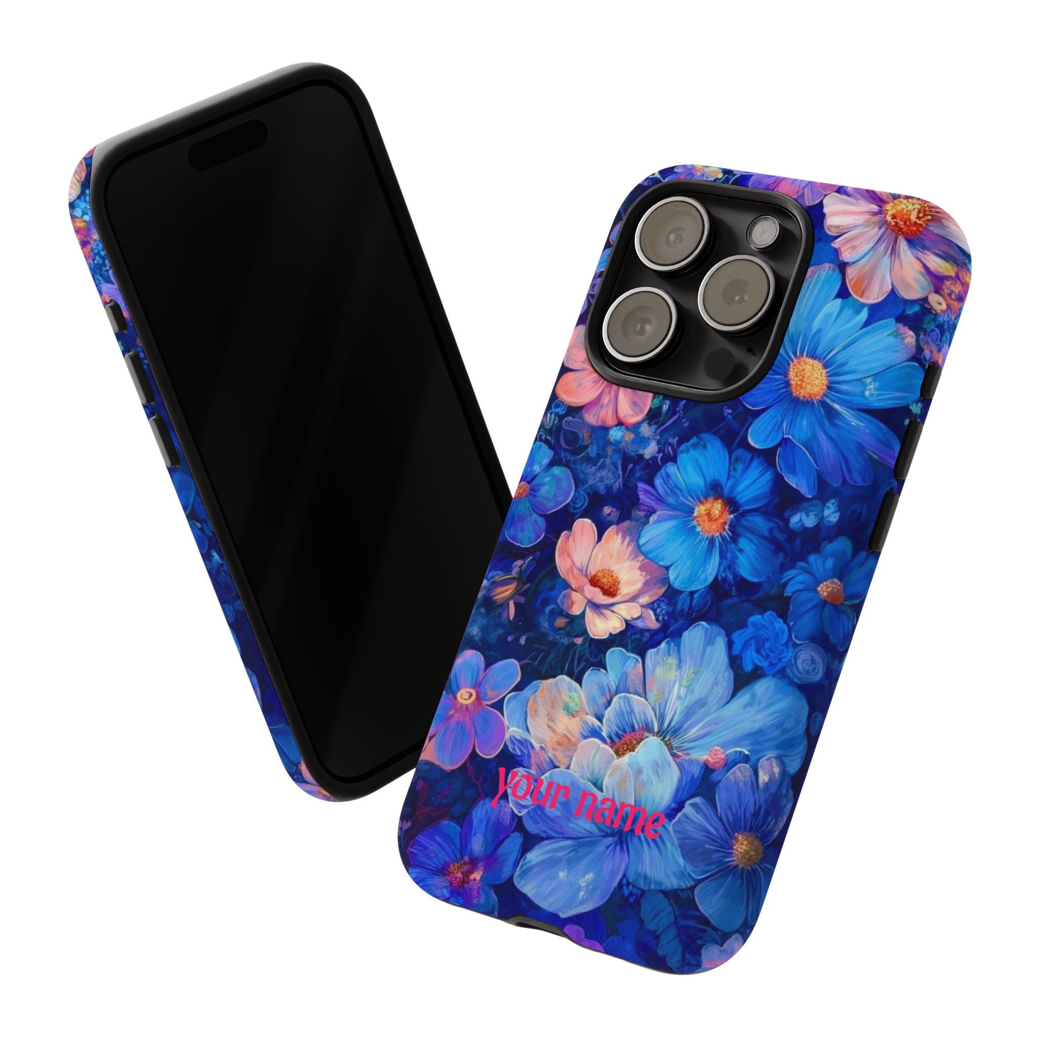 Personalized Blue Floral Phone Case — Custom Name Protective iPhone Cover