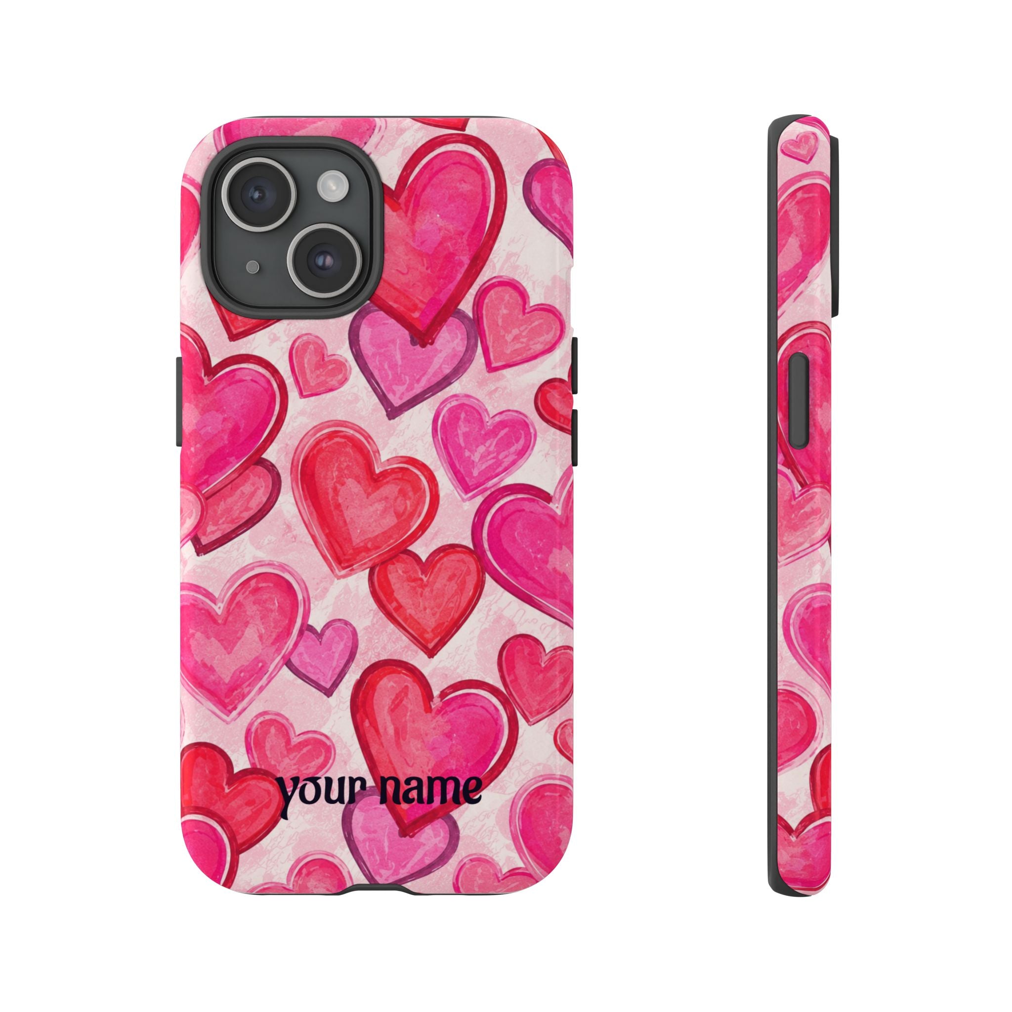 Personalized Heart Pattern Phone Case — Custom Name Pink Watercolor Hearts
