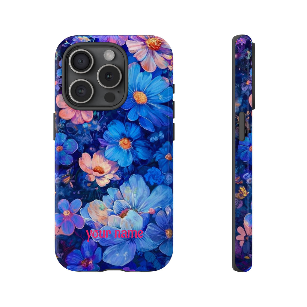Personalized Blue Floral Phone Case — Custom Name Protective iPhone Cover