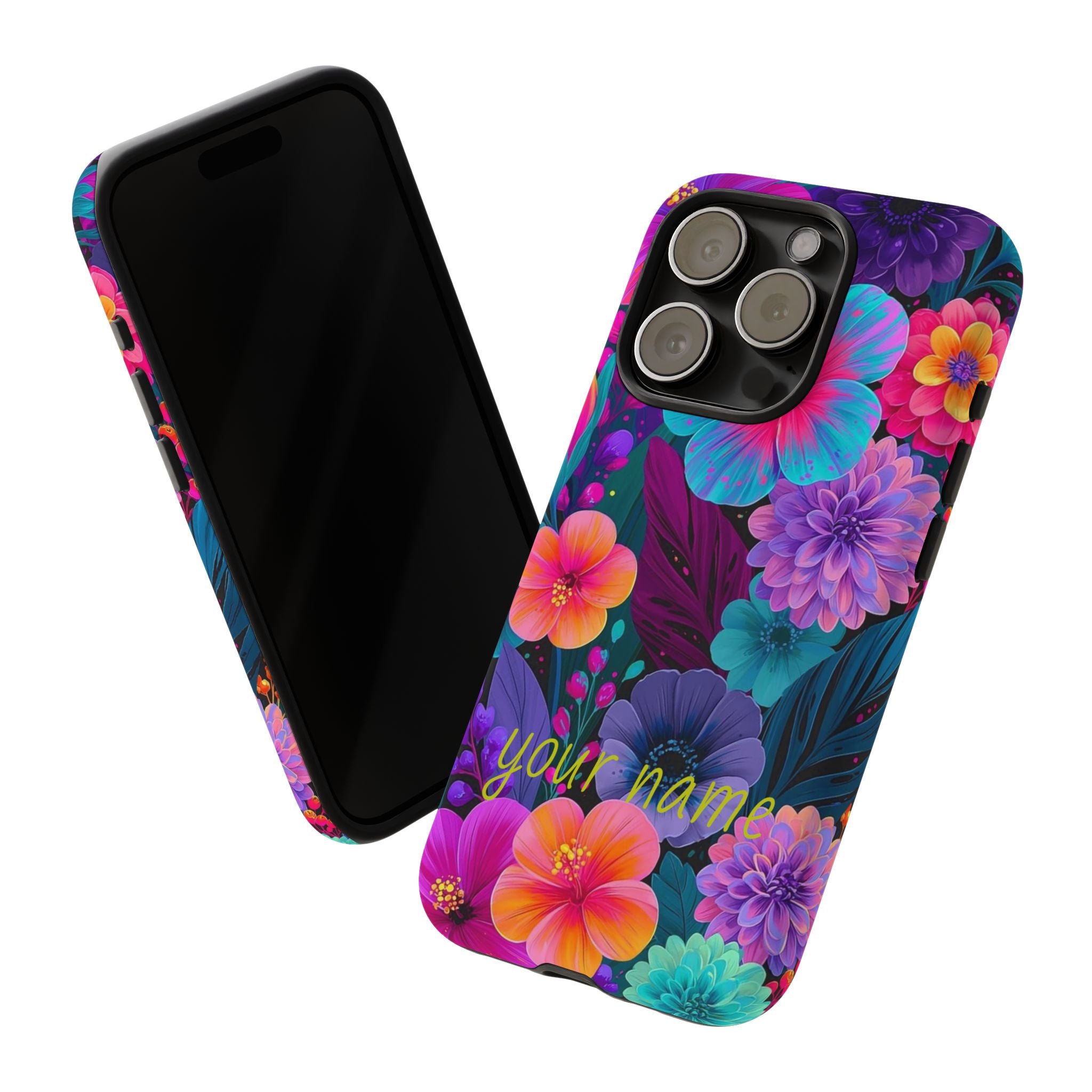 Personalized Floral Tough Phone Case – Vibrant Tropical Flowers, Custom Name