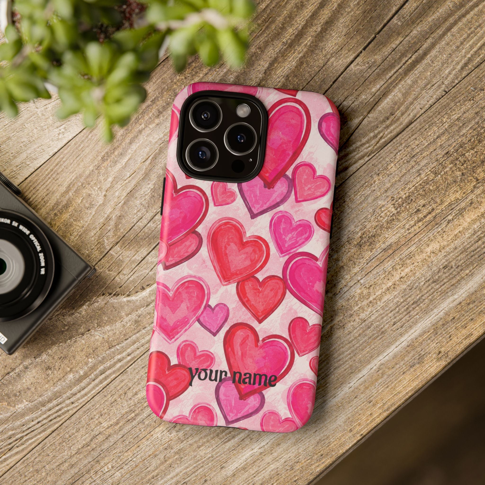 Personalized Heart Pattern Phone Case — Custom Name Pink Watercolor Hearts