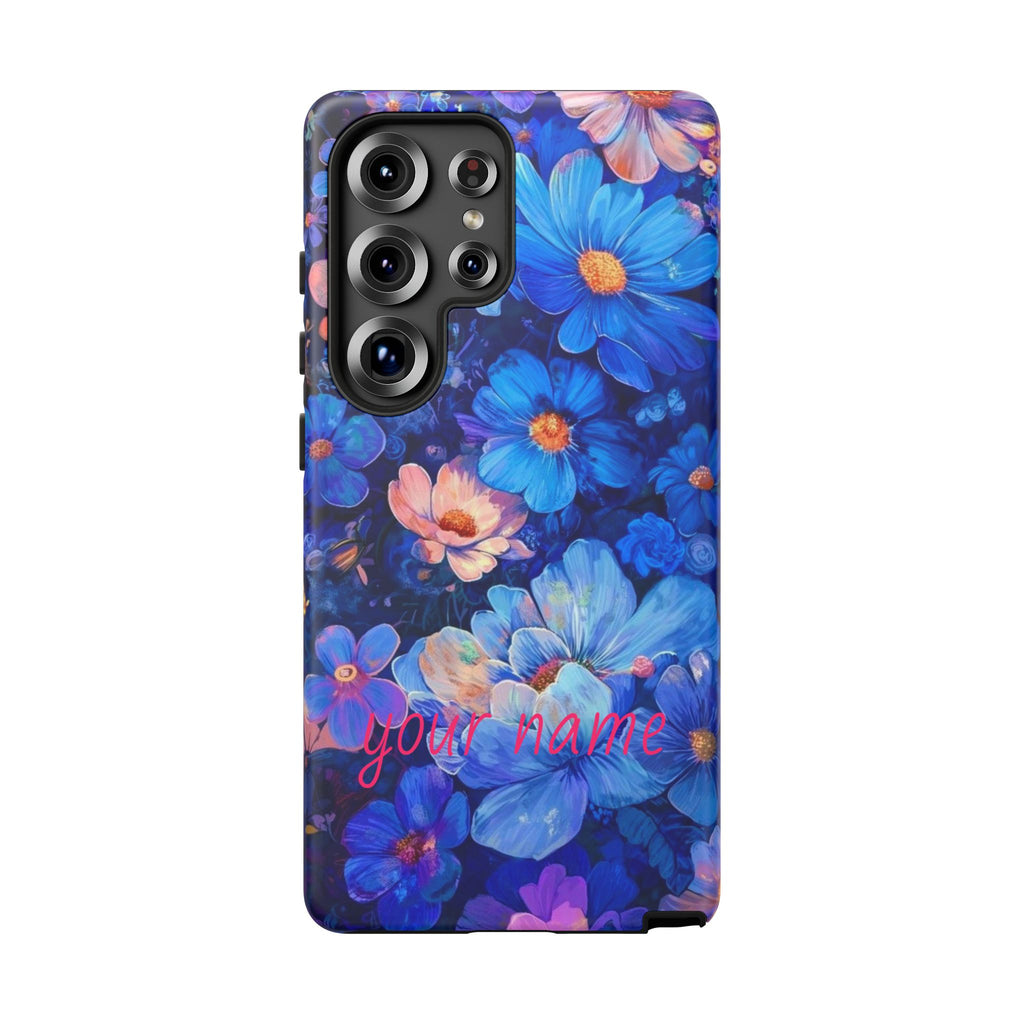 Personalized Blue Floral Phone Case — Custom Name Protective iPhone Cover