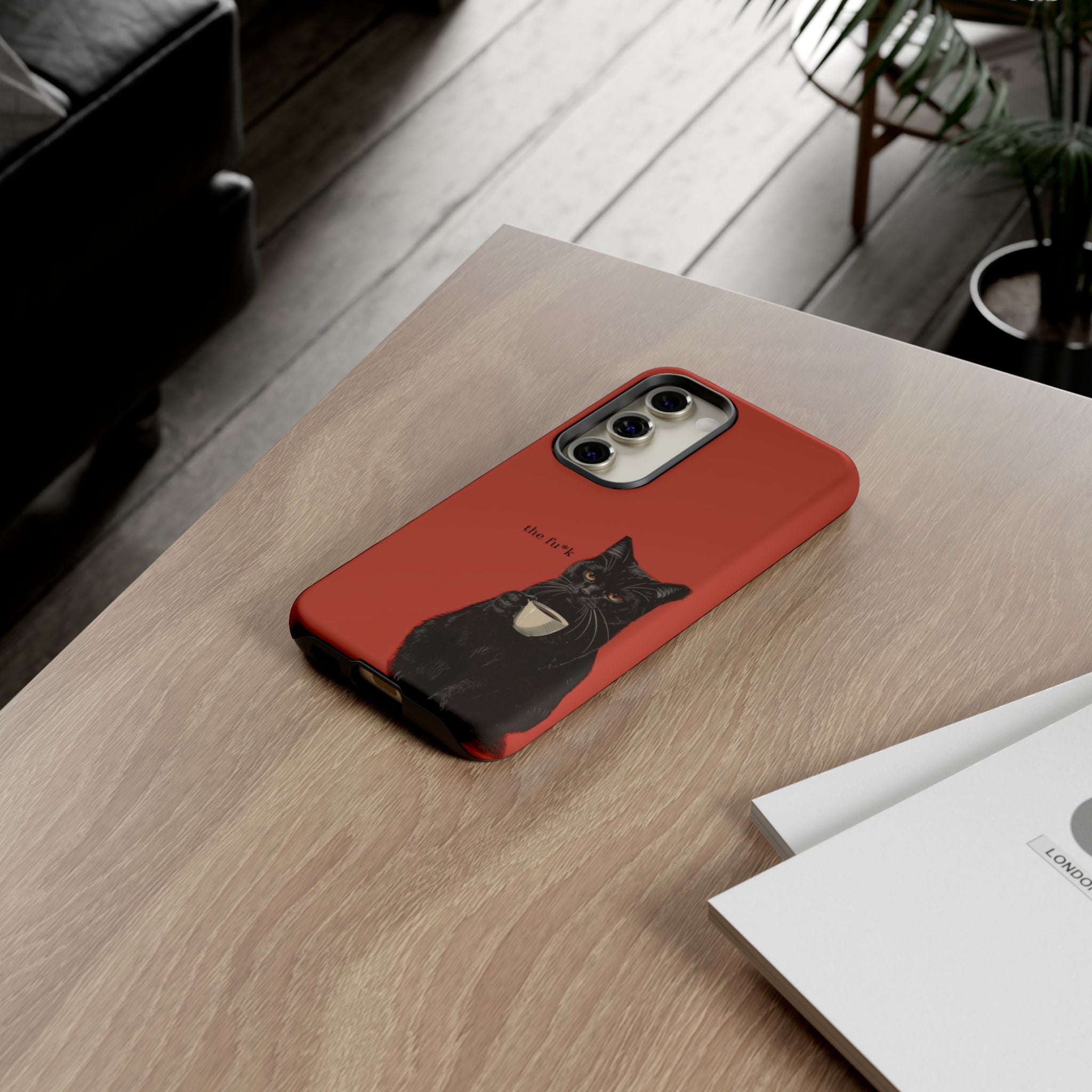 Black Cat Coffee Phone Case – Red Matte Protective Tough Case