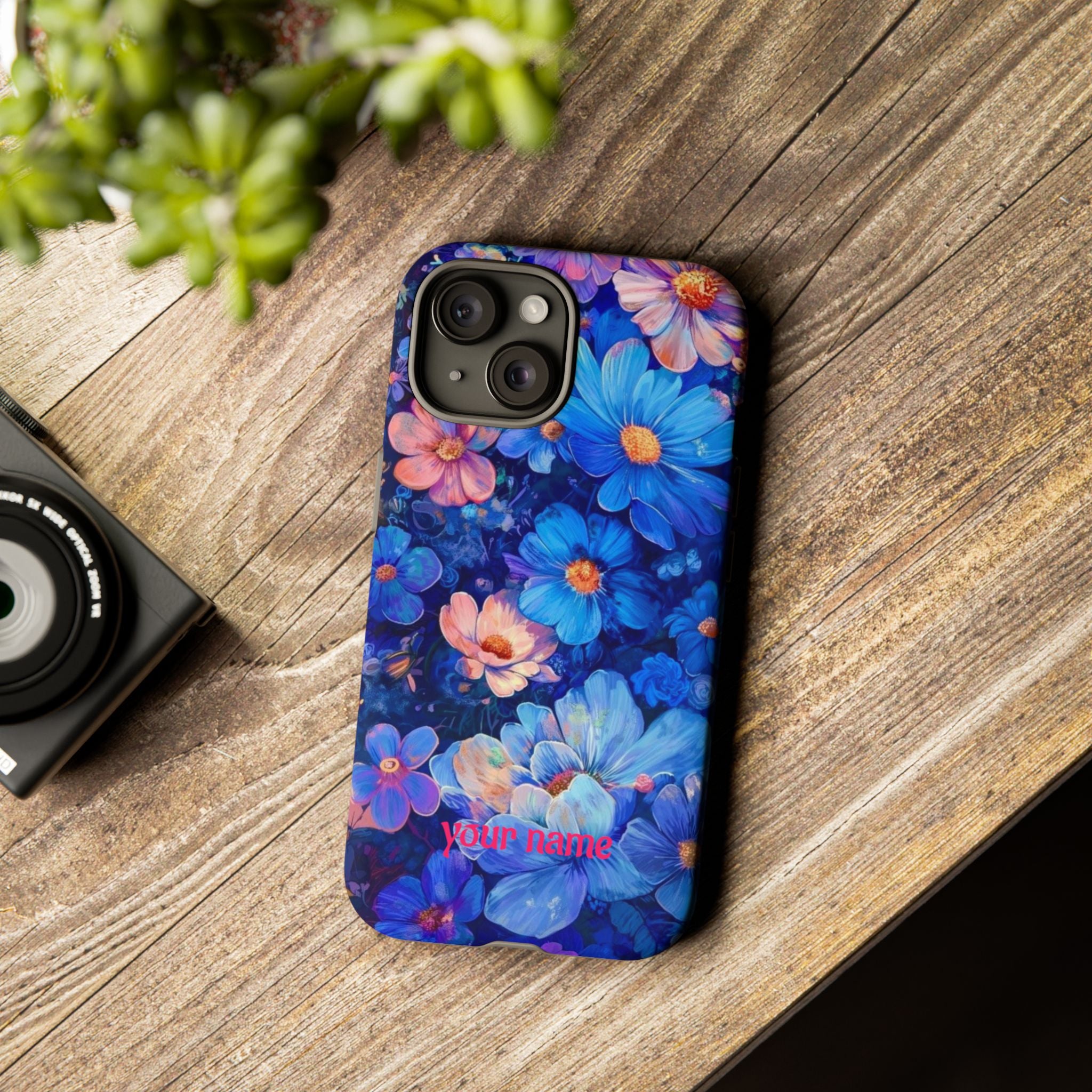 Personalized Blue Floral Phone Case — Custom Name Protective iPhone Cover