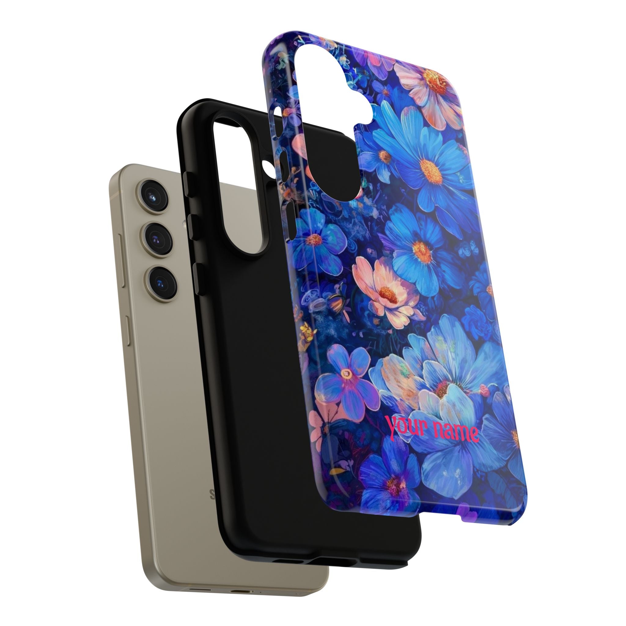 Personalized Blue Floral Phone Case — Custom Name Protective iPhone Cover