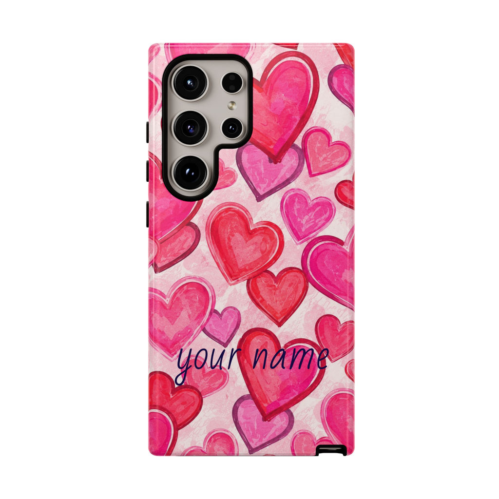Personalized Heart Pattern Phone Case — Custom Name Pink Watercolor Hearts