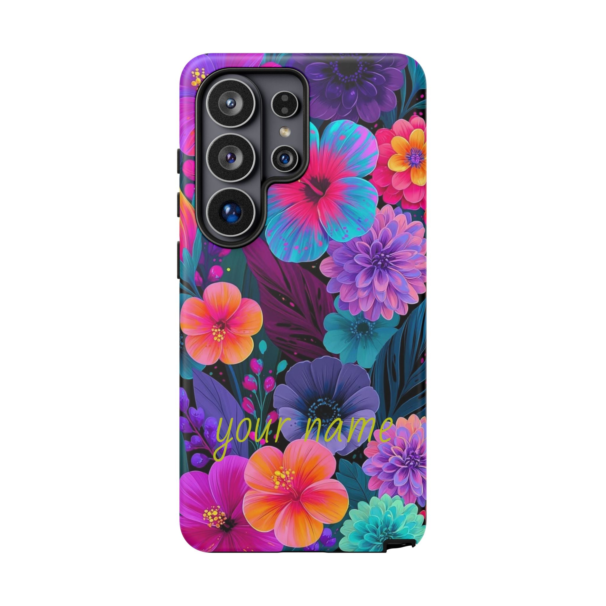 Personalized Floral Tough Phone Case – Vibrant Tropical Flowers, Custom Name