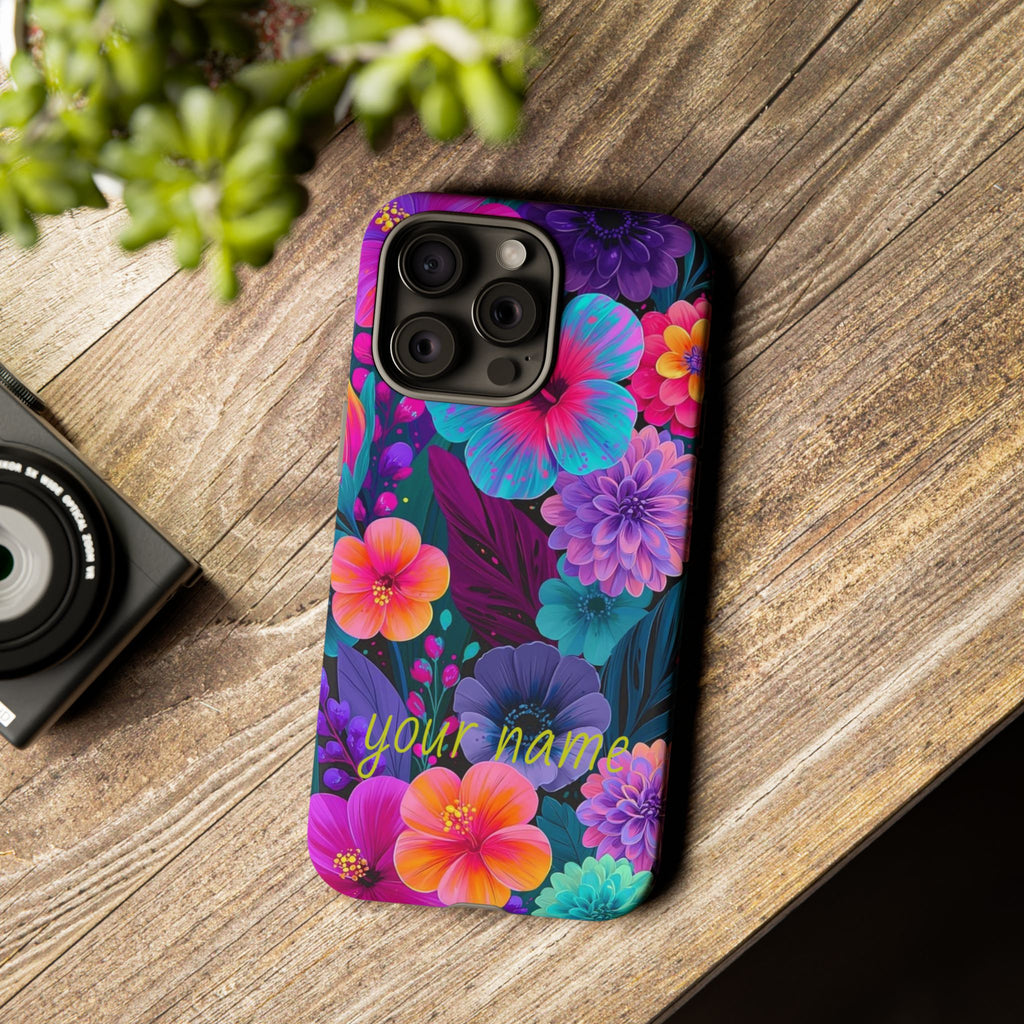 Personalized Floral Tough Phone Case – Vibrant Tropical Flowers, Custom Name