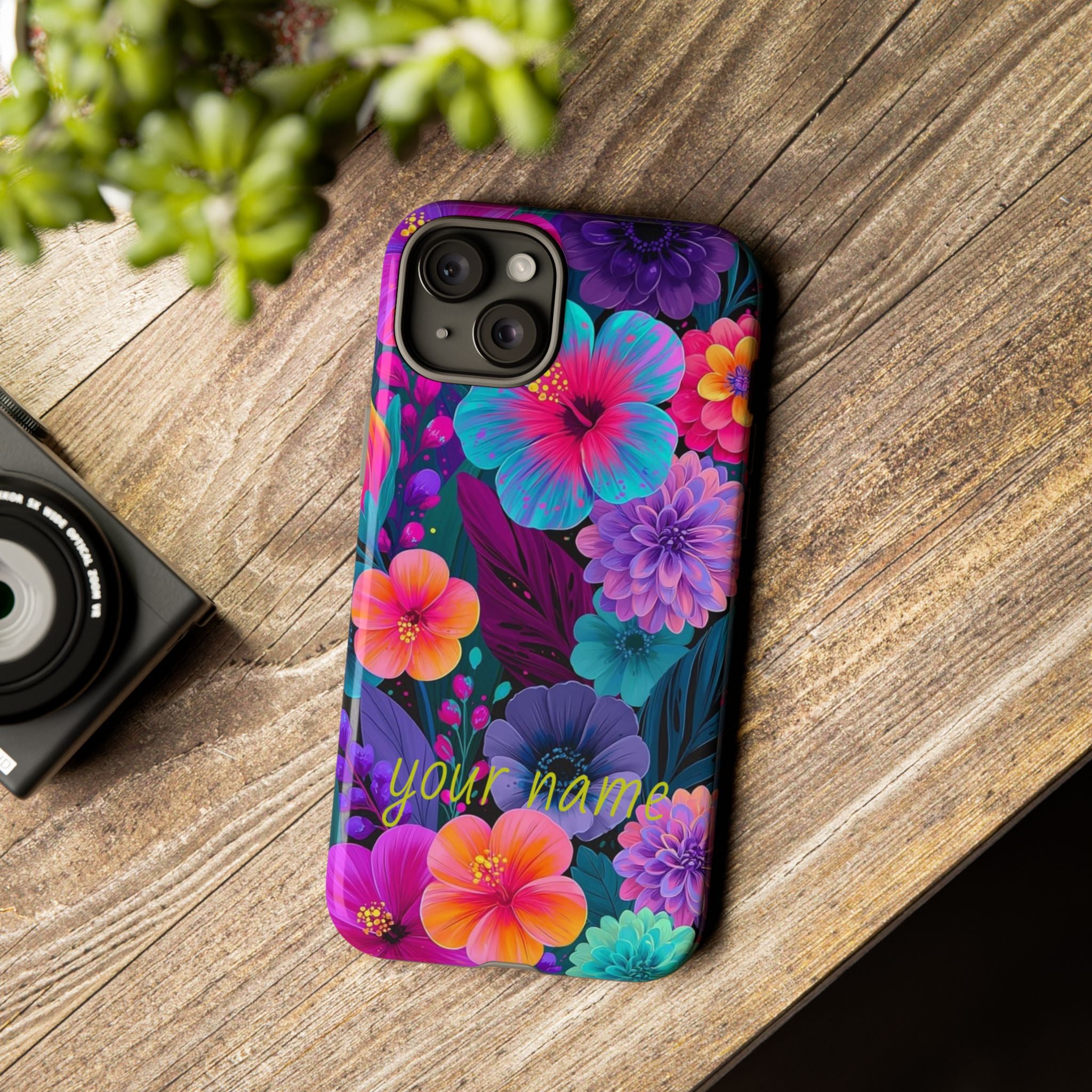 Personalized Floral Tough Phone Case – Vibrant Tropical Flowers, Custom Name