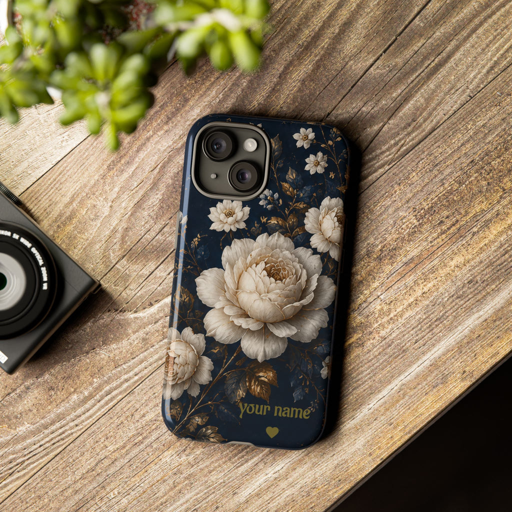 Floral Vintage Phone Case — Personalized "your name" Romantic Dark Peony