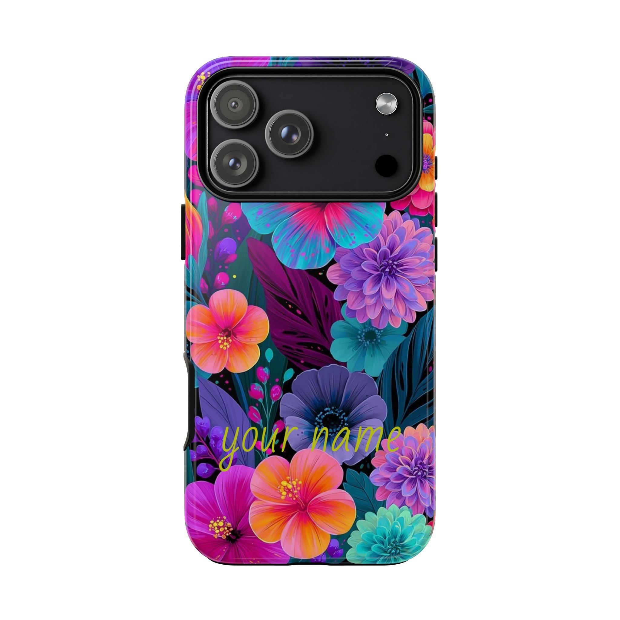 Personalized Floral Tough Phone Case – Vibrant Tropical Flowers, Custom Name