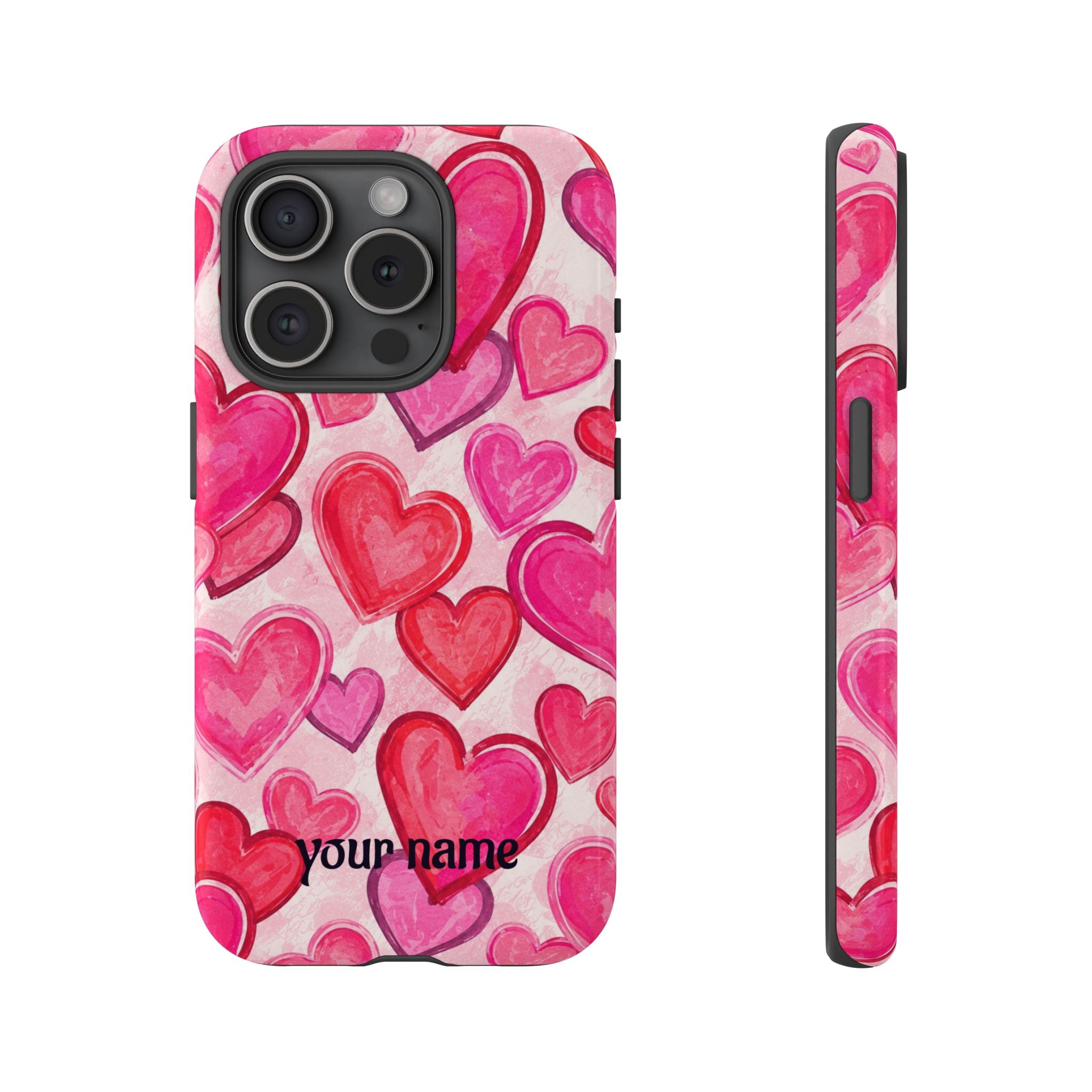 Personalized Heart Pattern Phone Case — Custom Name Pink Watercolor Hearts