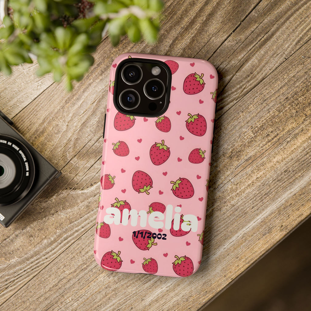 Personalized Strawberry Phone Case— Custom  Name & Birth Date
